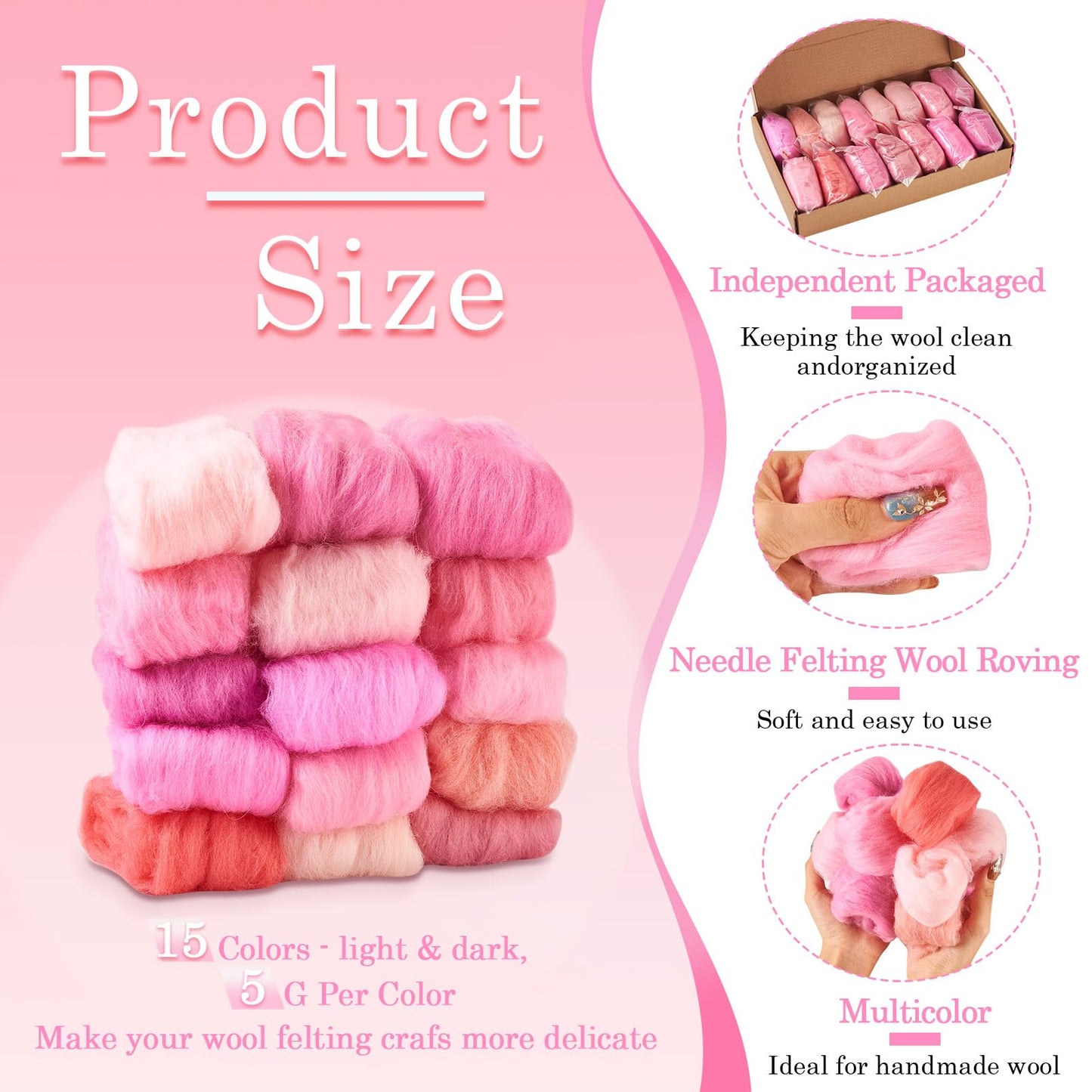Sparkeads Wool Roving Yarn for Needle Felting Pink Soft Fibre Wool Supplies for DIY Hand Spinning Weaving Beginners Adults Handmade Dolls Felted Animal Women 75 G