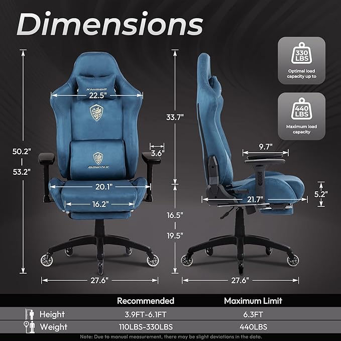 Dowinx Big and Tall Gaming Chair with Suede Fabric Breathable, Game Chairs for Adults with Oversized Thick Seat for 440lbs, Ergonomic Gamer Chair for Streaming & Long Gaming Sessions, Blue