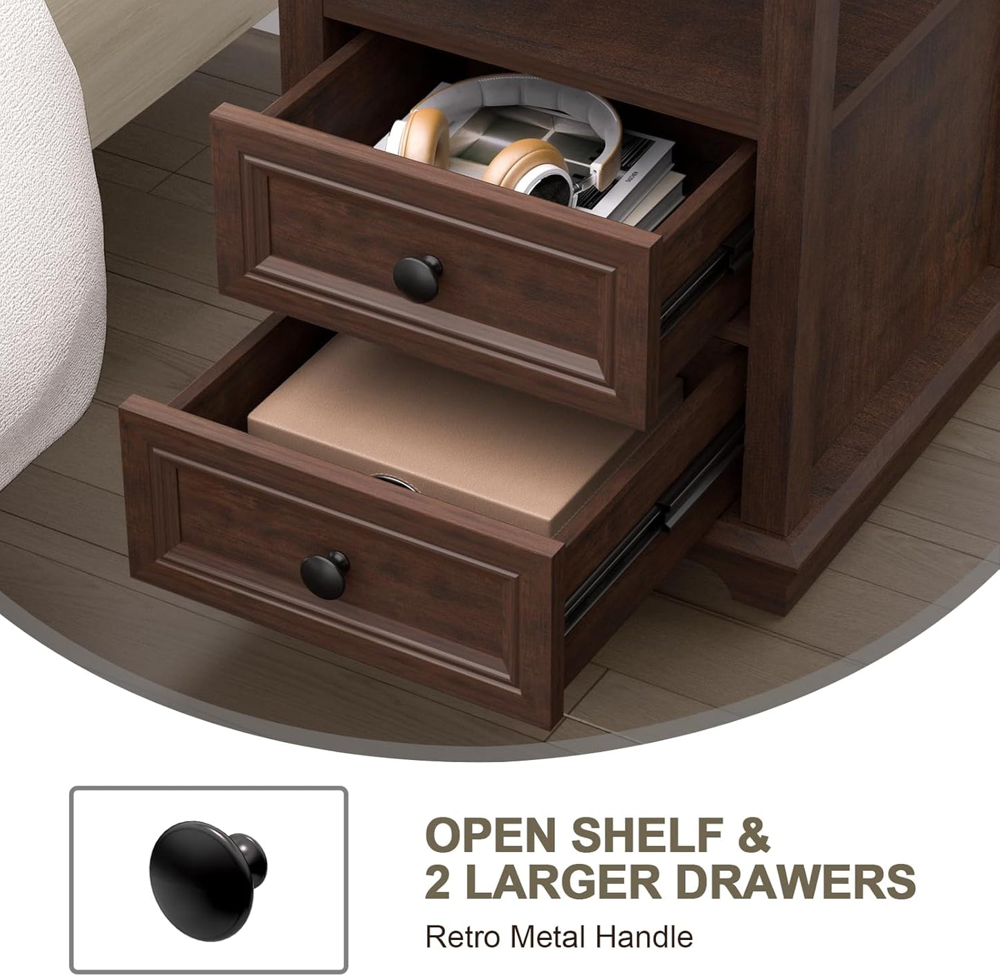18" Wide End Table with Fast Charging Station Set of 2, 18” Wide Sofa Side Table with Drawers,End Table with Drawers for Living Room,Cherry