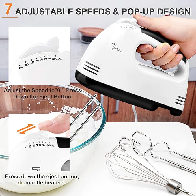 7-Speed Electric Hand Mixer with 5 Stainless Steel Accessories, Eject Button Handheld Whisk Food Beaters for Blending or Cooking, Dishwasher Safe, Off-white