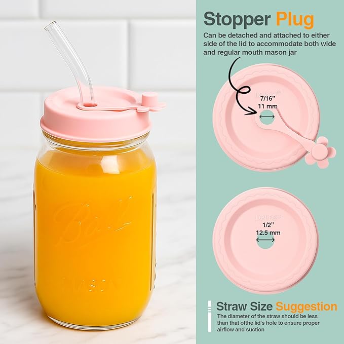 Silicone Mason Jar Lids, Regular and Wide Mouth Compatible, with Straw Hole and Stopper (white color 4pcs)