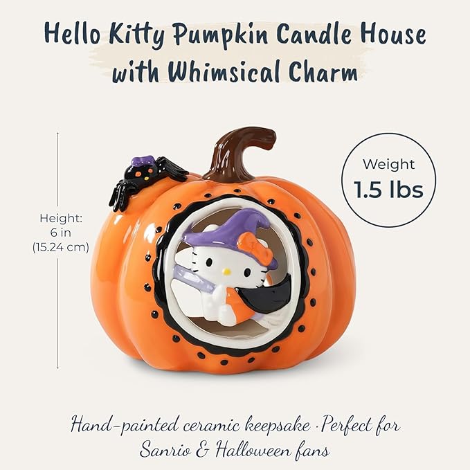 Blue Sky Clayworks Hello Kitty Pumpkin Cut Candle House, Ceramic, 7.125" L x 7" W x 6" H, Witchy Window Glow