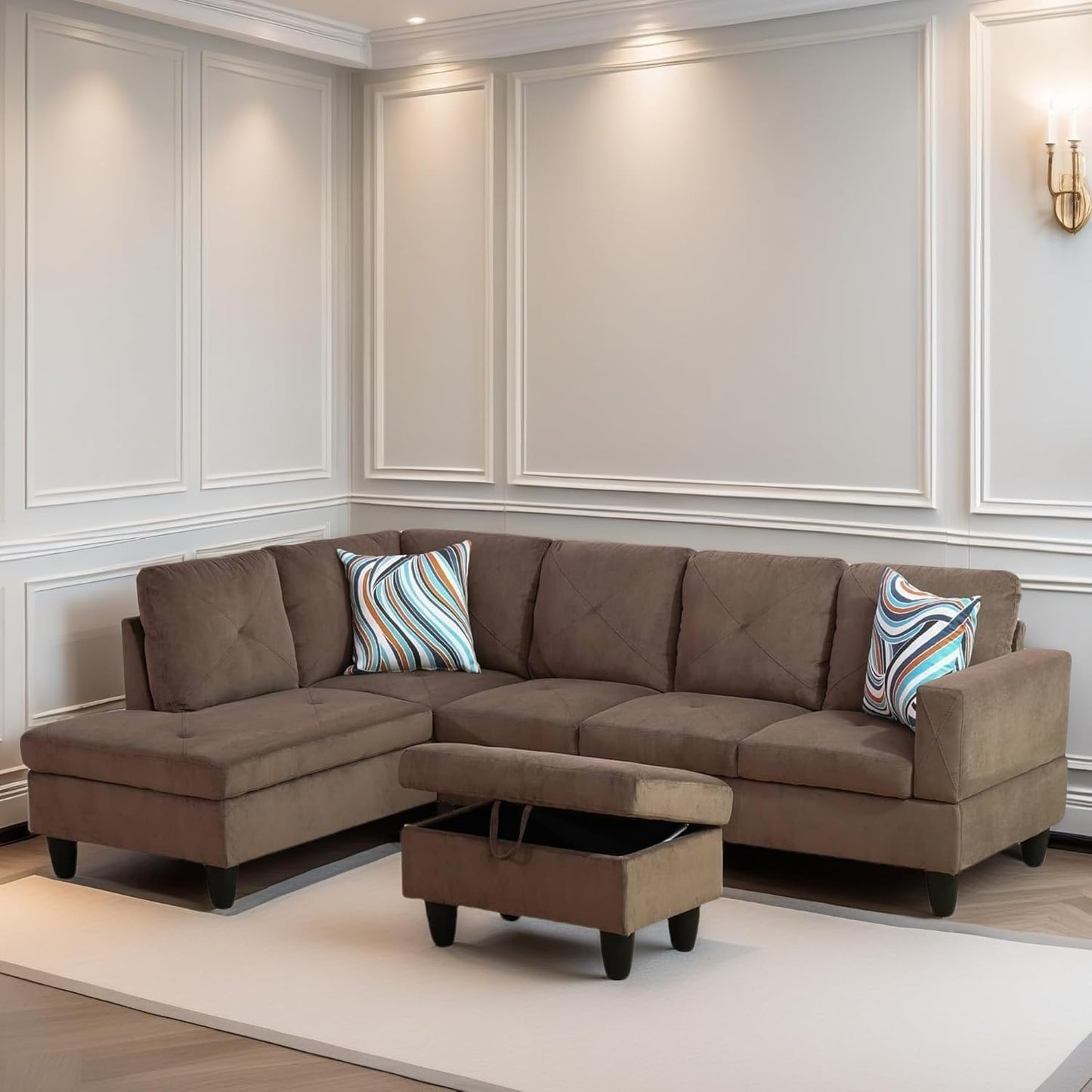 L Shaped Sectional Couch Sofa, Modern Couches for Living Room, Comfy 4 Seat Modular Sectional Sofa with Ottoman Storage for Bedroom Apartment, Brown
