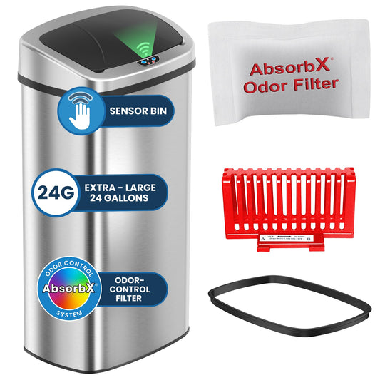 iTouchless 24 Gallon Extra Large Touchless Sensor Trash Can with AbsorbX Odor Filter, 91L Commercial Stainless Steel Automatic Kitchen Bin for Home, Office, Restaurant, Commercial Lobby, Store