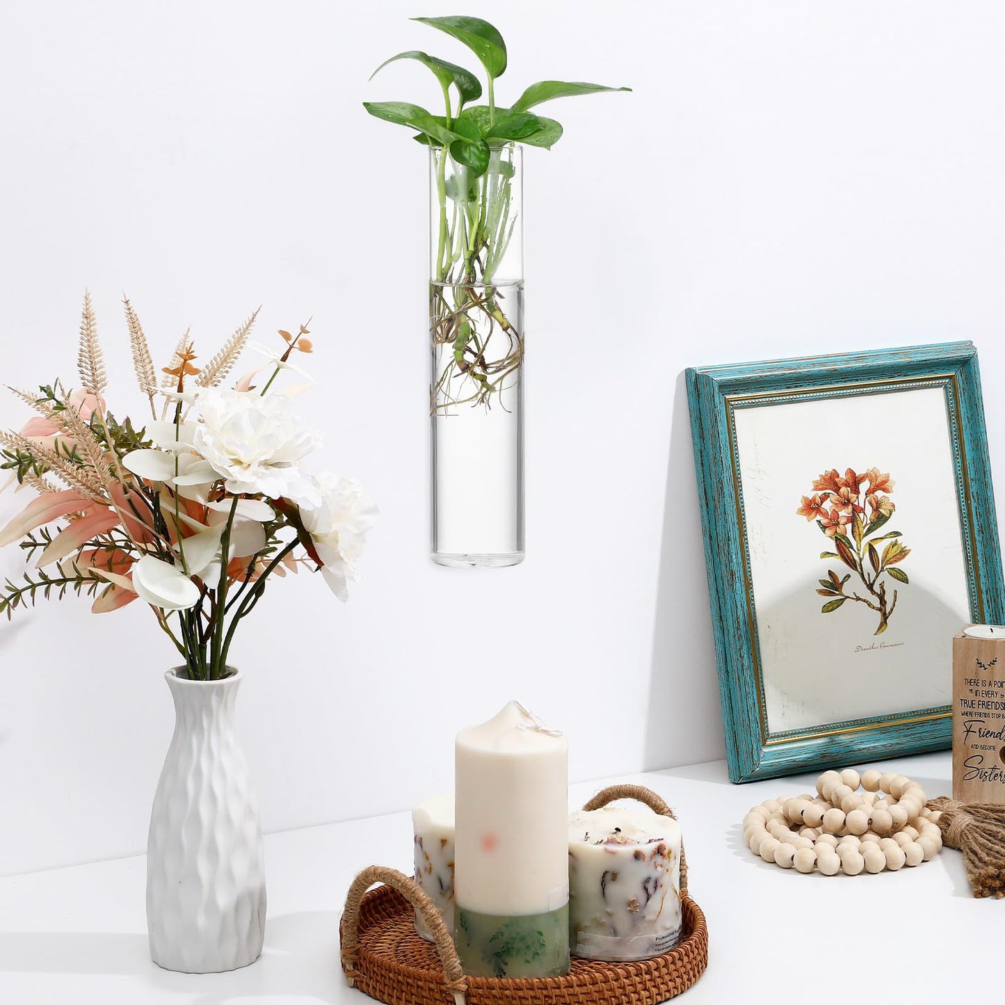 Healeved Wall Hanging Cylinder Glass Vase Set, 2pcs Large Tube Propagation Station for Indoor Plants, Modern Hydroponic Plant Holder, Decorative Terrarium Wall Planter