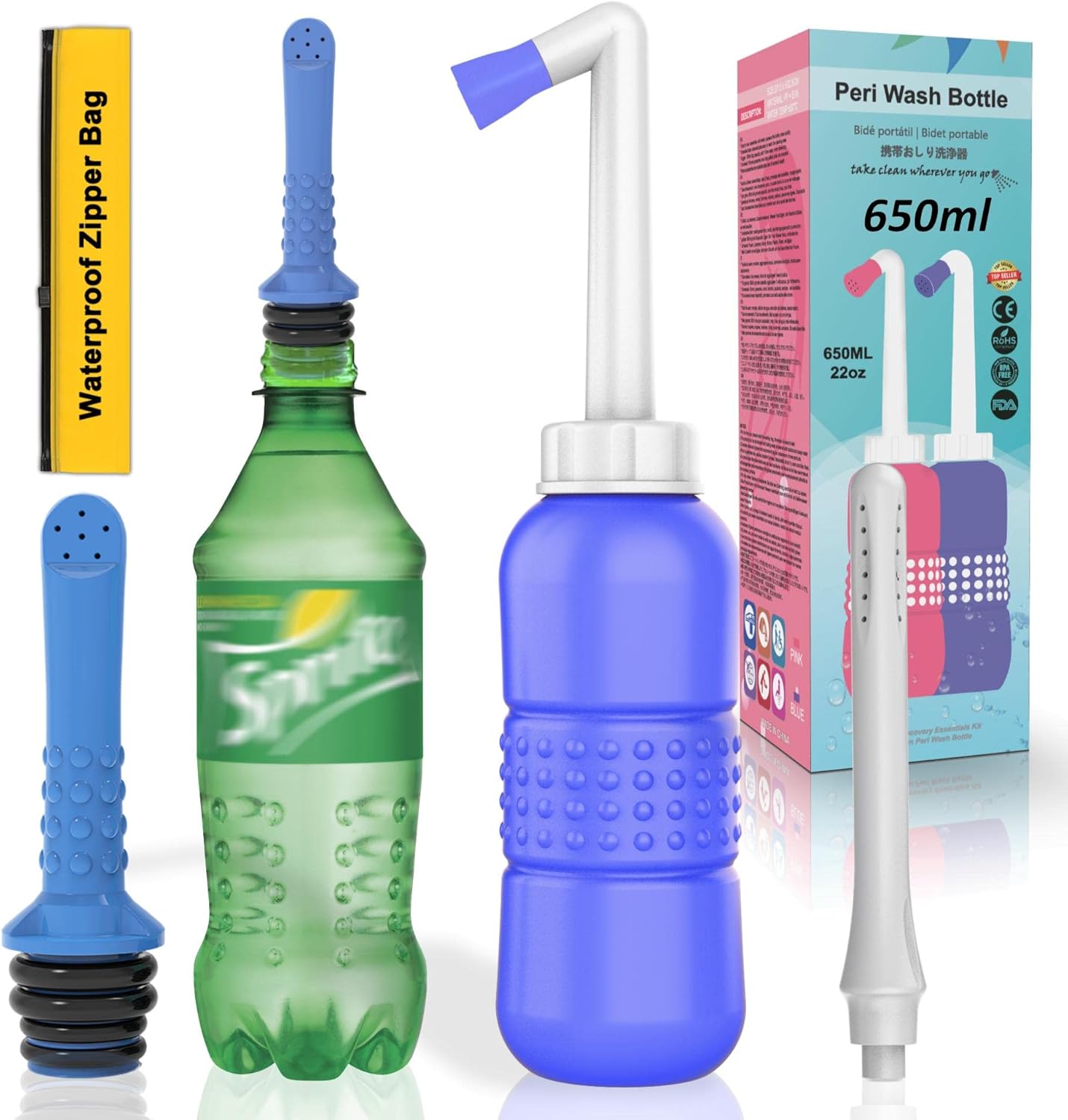 2PCS-Pack 2in1 Vaginal Douche Perineal Irrigation 650ML Portable Bidet + Pocket Bidet Pipe, Travel Bidet with Waterproof Cap, Peri Bottle for Postpartum Essentials