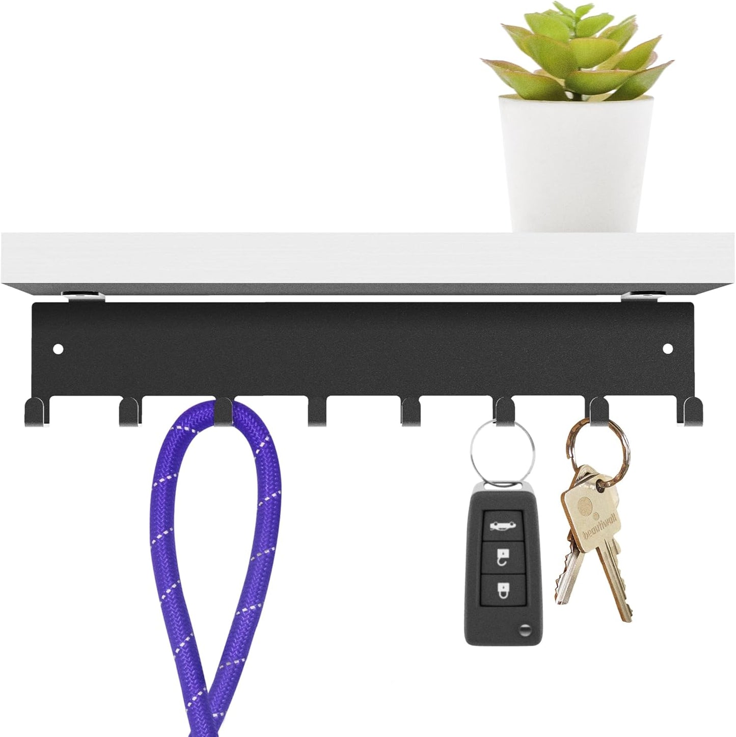 Sturdy Steel Wall Key Holder with White Bamboo Shelf. Metal and Wooden Key Hanger with Hooks for Car, Apartment, Storage, Keys