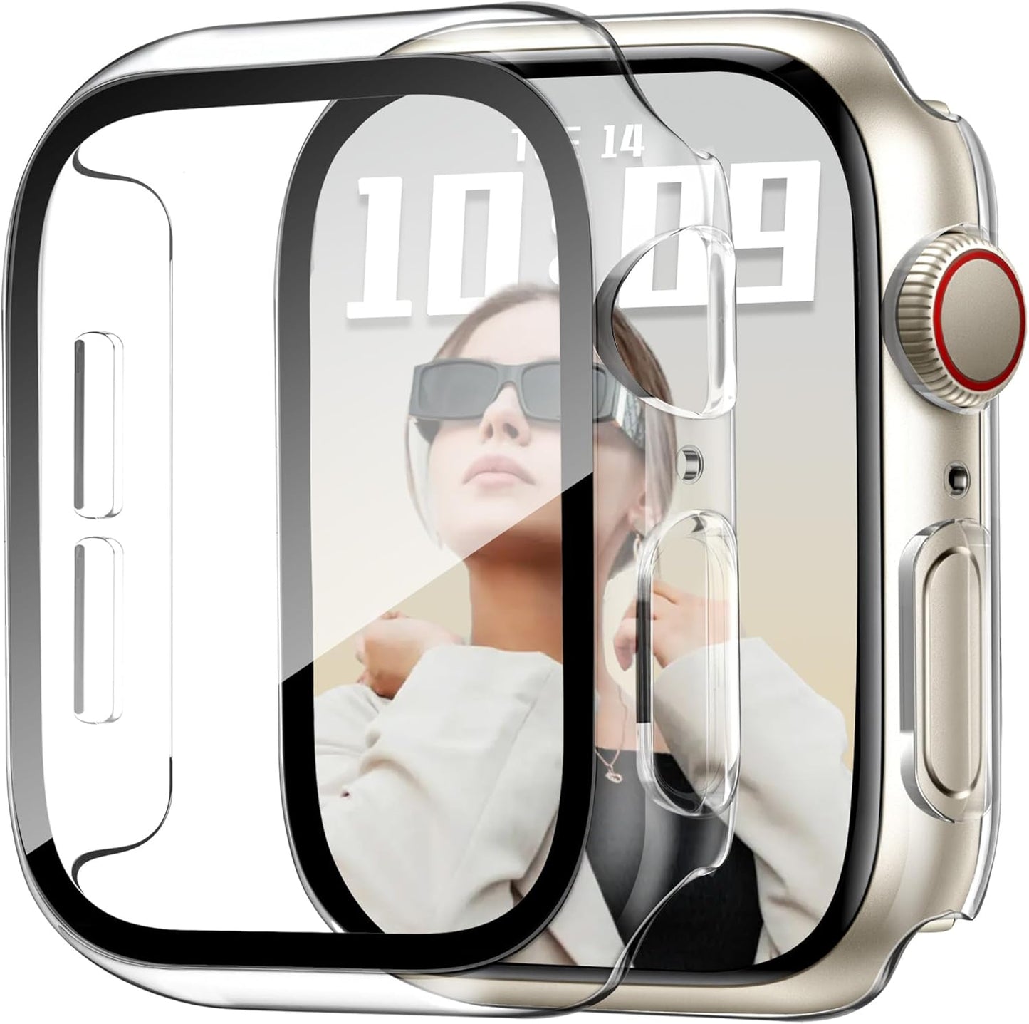 JR.DM 44mm 2 Pack Hard PC Case with HD Tempered Glass Screen Protector for Apple Watch Series 6/5/4/SE/SE2/SE3 Guard Bumper Full Coverage Protective Anti-Scratch Face Cover for iWatch, Clear+Clear