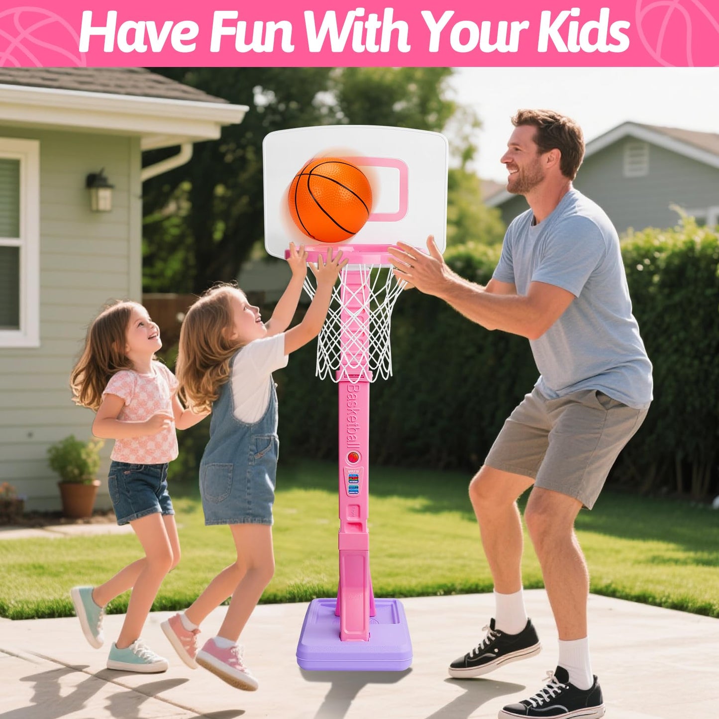 Toddler Pink Basketball Hoop for Age 1-3, Adjustable Kids Basketball Hoop with 3 Balls Indoor Outdoor Play Mini Poolside Basketball Goal Sport Toys Birthday Easter Gift for 1 2 3 4 Year Old Baby Girl