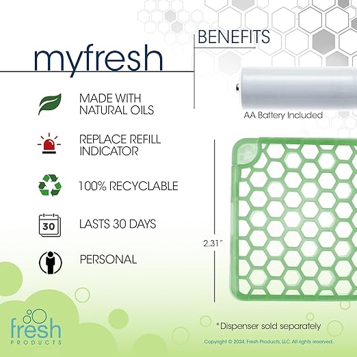 Fresh Products myfresh 2.0 Personal Air Freshener with Dry Fragrance Technology for Small Spaces Compact Design Motion Sensor Battery Included Cucumber Melon 6 pk
