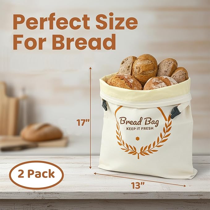 PIPI&TITI Reusable Beeswax Bread Bag for Homemade Bread (2-packs),Zippered Bread Bag for Sourdough Storage,17x12.6 inches Food Storage,Portable Cotton and Beeswax Bag,Freezer-Friendly