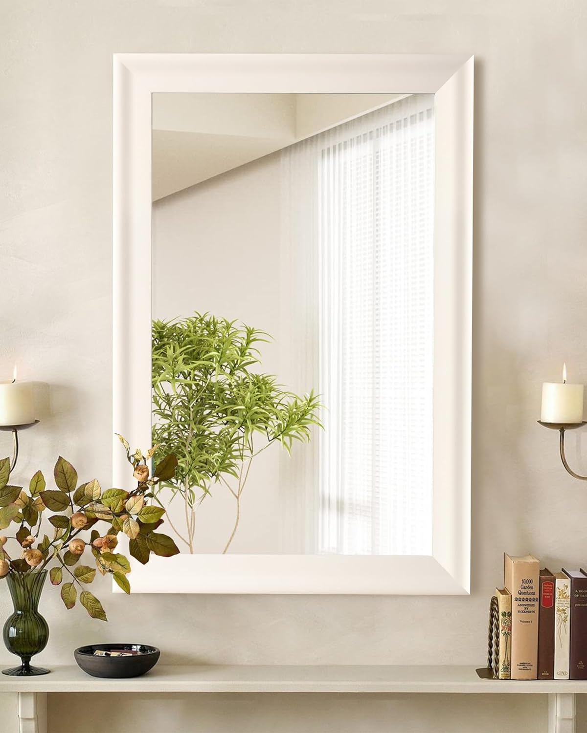 CULER White Wood Wall Mirror for Bathroom,Rectangle Rustic Beige 24 x 36 inch Hanging Vanity Ivory Mirrors with Wooden Frame for Living Room,Bedroom,Entryway
