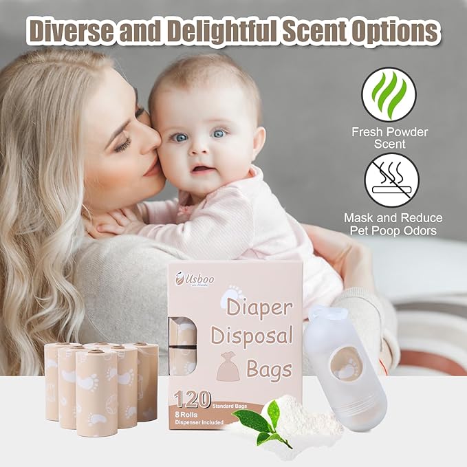Diaper Bags Disposable for Baby, Biodegradeable Dirty Diaper Bags (8 Refill Rolls/120 Bags) with Dispenser | Leak Proof Diaper Trash Bags | Baby Poop Bags | Fresh Powder Scent