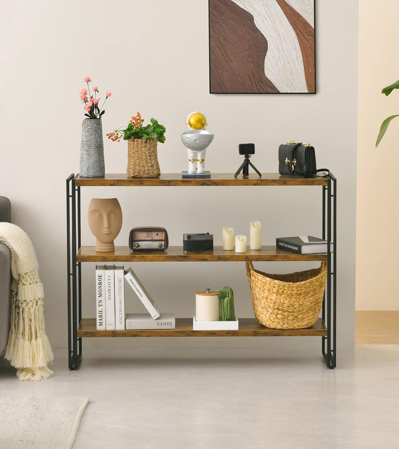 HCHQHS 3-Tier Rustic Wood and Metal Industrial Bookcase - 40in, for Home Office, Bedroom, Kitchen, Bathroom