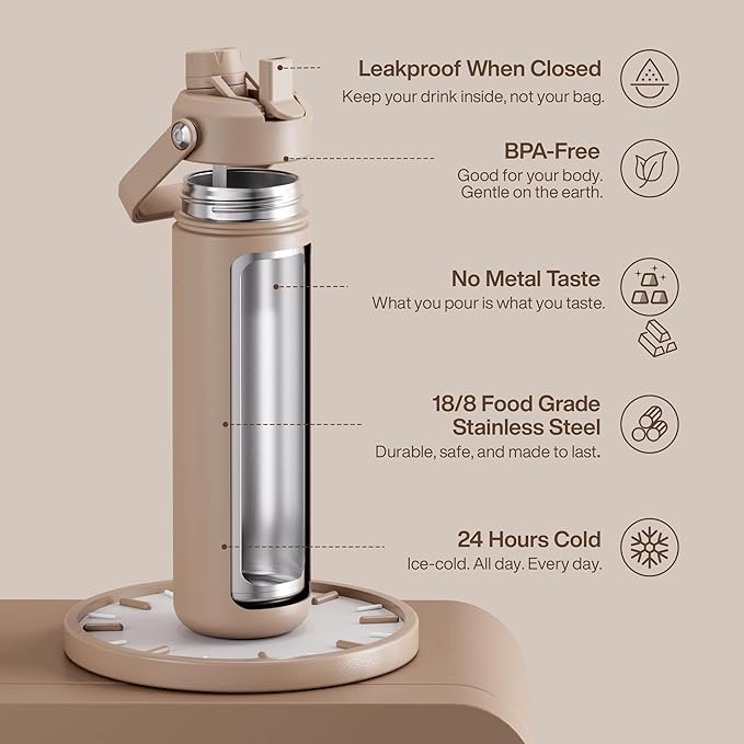 ENCOOL Insulated Water Bottle with Straw Stainless Steel Water Bottle, Leak-Proof, BPA-Free, Double Wall Vacuum Keeps Cold for 24 Hours for Sports, Travel, School (26 oz, Raw Umber)