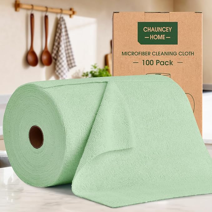Microfiber Cleaning Cloth Roll–100 Pack, Tear Away Microfiber Towels, Reusable, Washable, Scratch-Free, Kitchen Towels for Car, Home, Kitchen, Glass, Dishes(Bean Green)