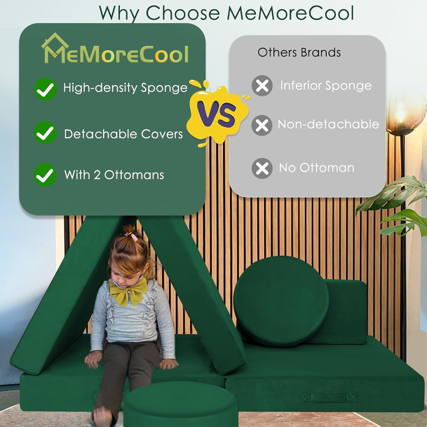 MeMoreCool 8-Piece Modular Kids Play Couch – Green Convertible Foam Toddler Sofa for Playroom, Fold-Out Baby Couch Play Set