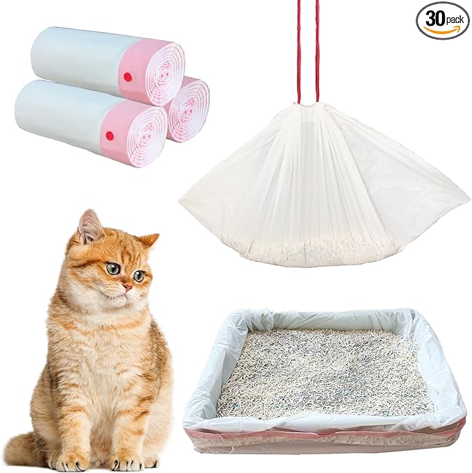 30 Count 37" x 18" Cat Litter Box Liners Large Drawstring Cat Litter Bags Pink Pan Liners for Pet Litter Tray