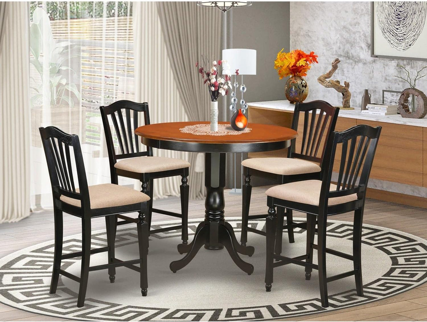 East West Furniture TRCH5-BLK-C 5 Piece Kitchen Counter Height Dining Table Set Includes a Round Pub Table and 4 Linen Fabric Upholstered Chairs, 42x42 Inch, Black & Cherry
