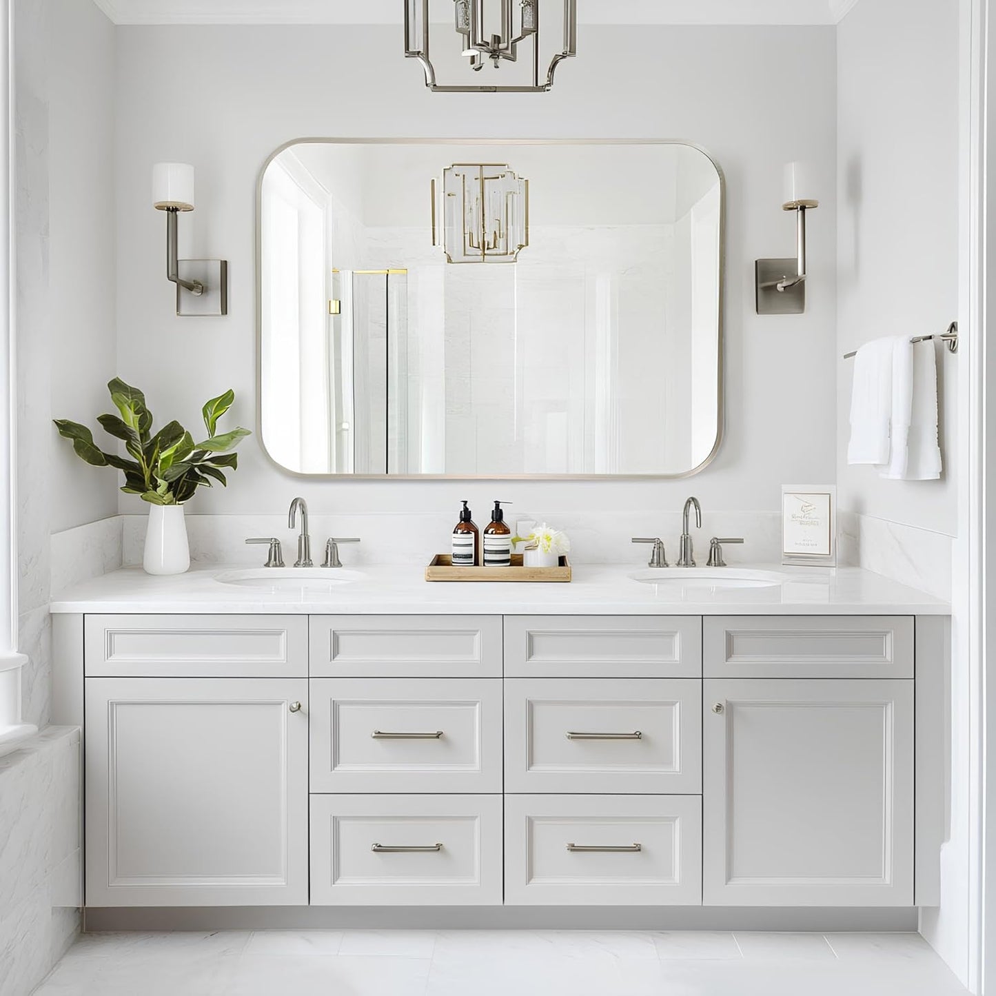 MZON 24x36Inch Brushed Nickel Bathroom Mirror, Rectangle Wall Mounted Mirror for Bathroom or Living Room, Anti-Rust Frame & Tempered Glass, Horizontal/Vertical Mount - Timeless&Elegance Wall Decor