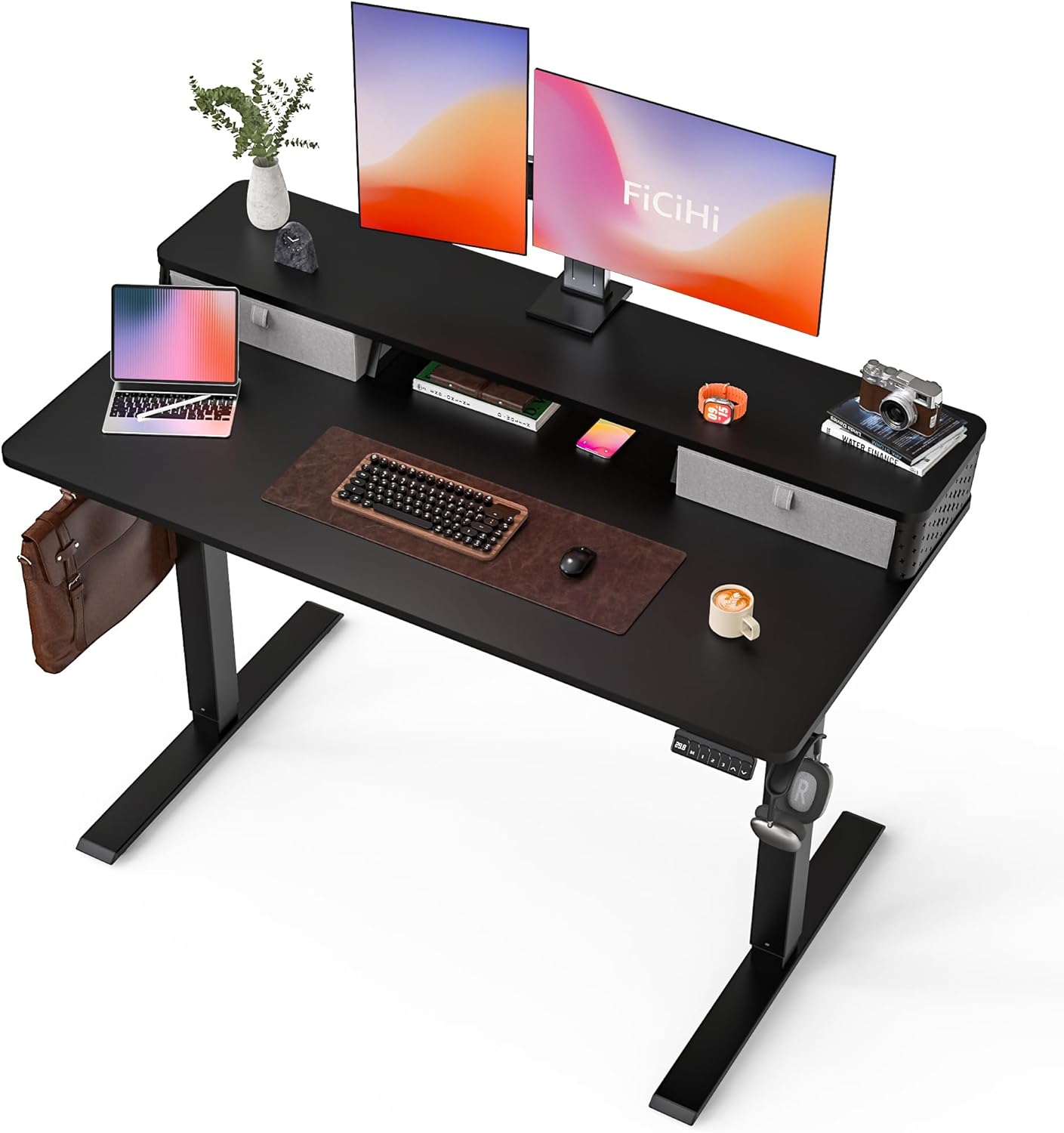 55x24 Inch Standing Desk with Double Drawers, C-Clamp Mount Compatible, Electric Adjustable Height Computer Stand Up Desks, Home Office Sit Stand Table with 3 Preset Heights & 2 Hooks, Black