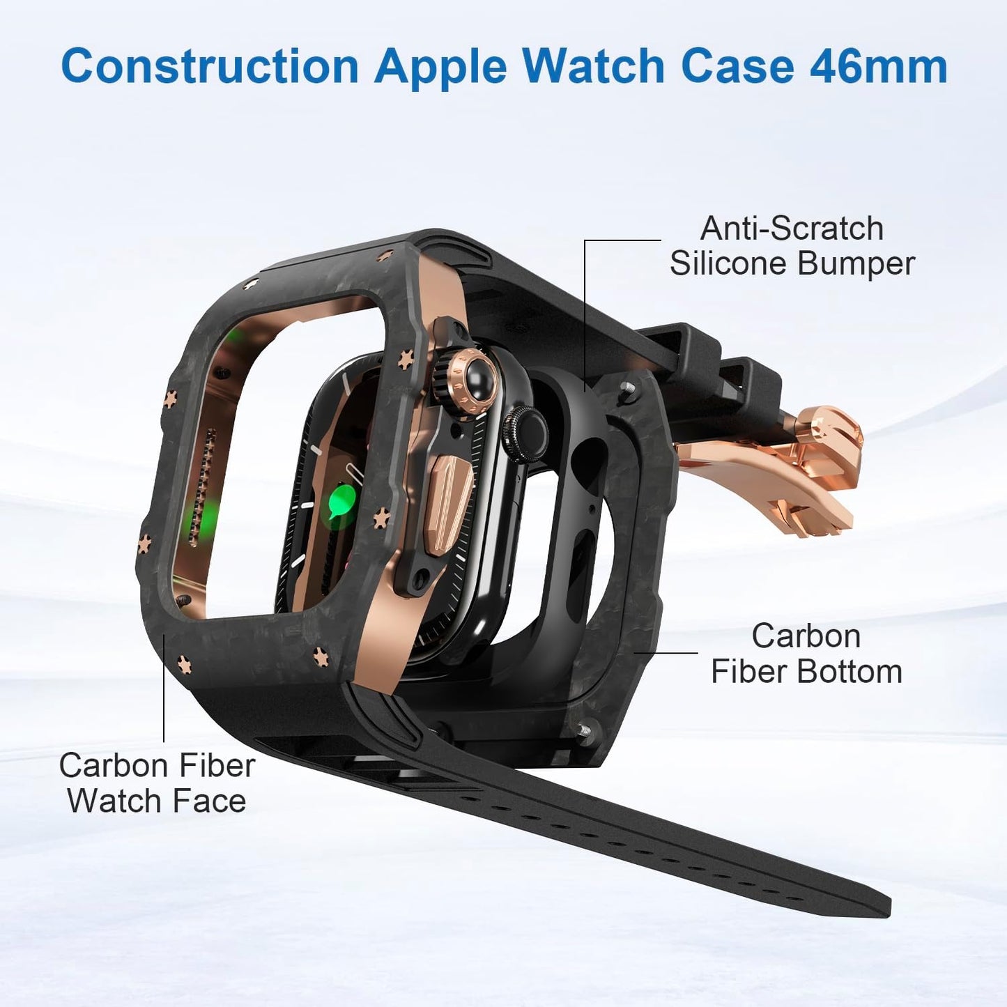 Luxury Carbon Fiber Case with FKM Band Compatible for Apple Watch 11/10 46mm, Rugged Military Protective Cover Heavy Duty Tactical Protection for Men iWatch