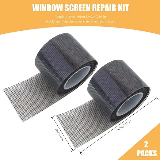 2 Pack of Black Window Screen Repair Tape, 2 in X 16.5 FT (196IN) Screen Repair Kit Fit for Windows or Doors, Strong Adhesive Fiberglass Mesh Patch Tape