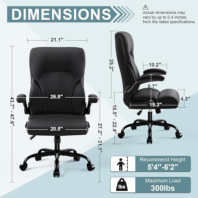 Executive Office Chair, High Back Ergonomic Comfy Desk Chair with Padded Flip-up Armrests and Wheels, PU Leather Heavy Duty Computer Swivel Rolling Task Chair for Home Office, Adults, Black