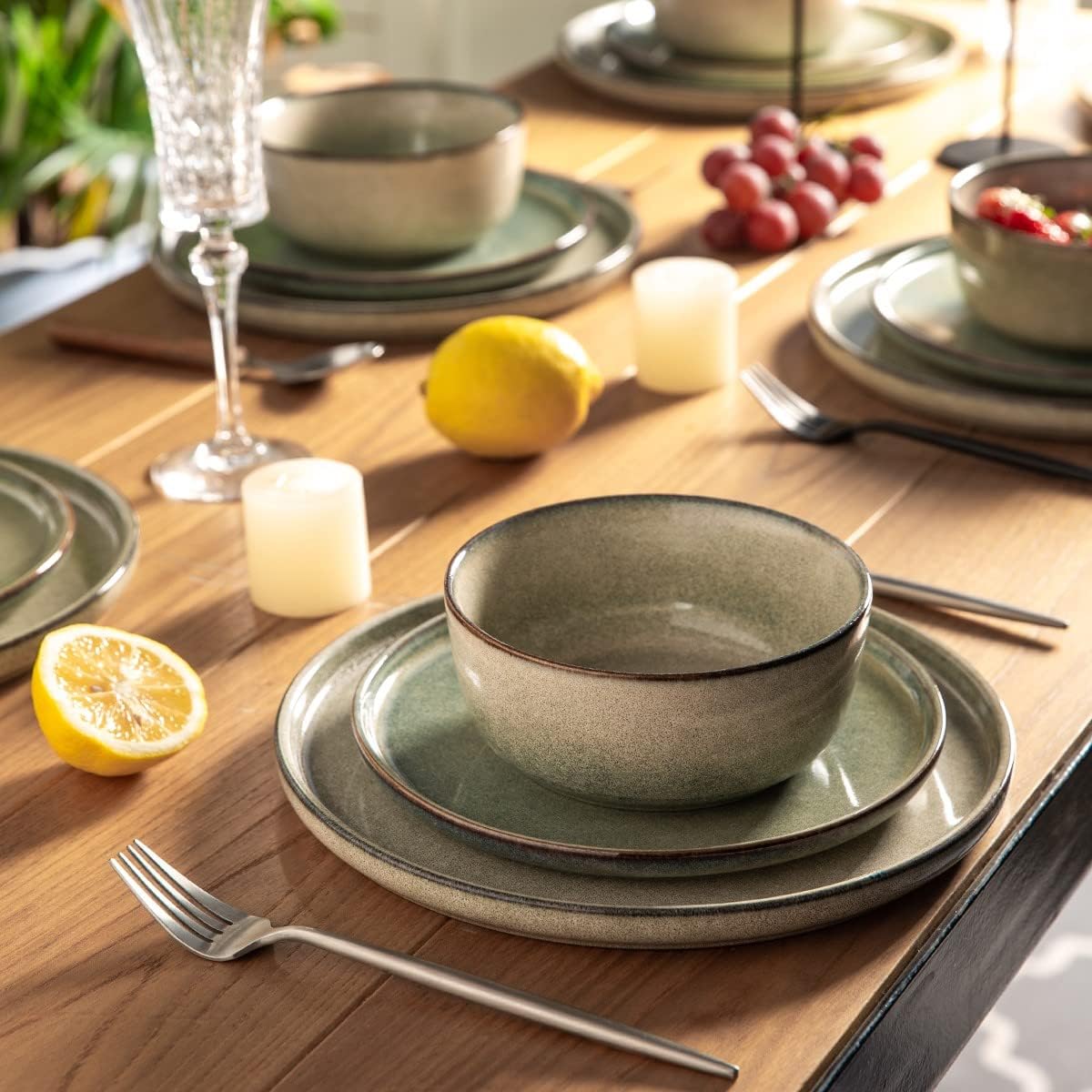 AmorArc Stoneware Dinnerware Sets for 4,Round Reactive Glaze Ceramics Plates and Bowls Set,Highly Scratch Resistant Dishware | Dishwasher & Microwave Safe Dishes Set,Service for 4 (12pc)