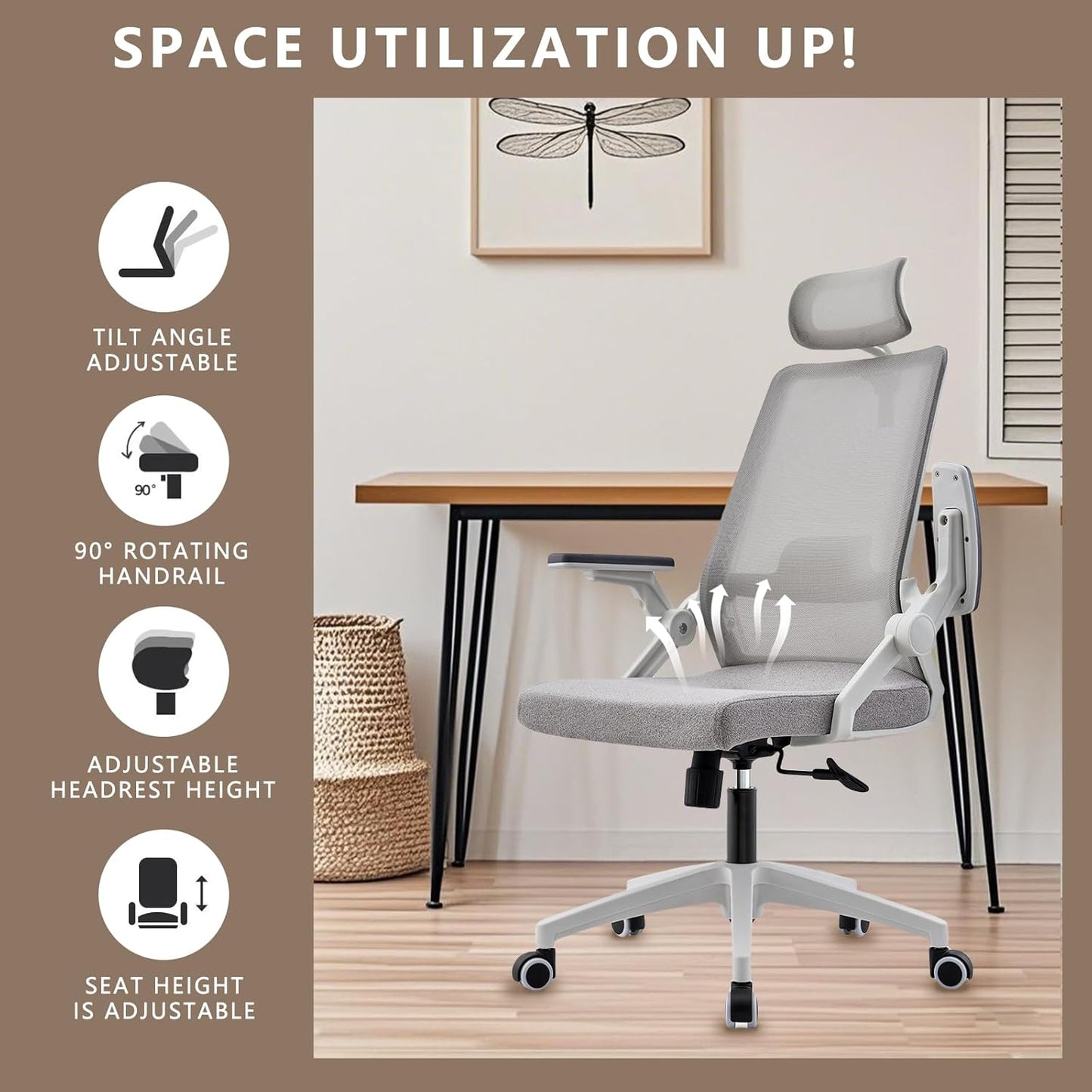 Ergonomic Swivel Task Chair High Back Home Desk Chair Computer Office Chair Mesh Rolling Work Chairs with Headrest and Lumbar Support Grey