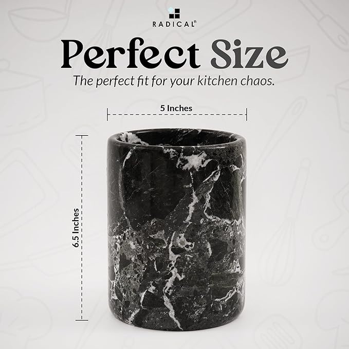 Radicaln Marble Utensil Holder 6.5" Inches Black Handmade Spatula Set for Kitchen Counter, Cooking Utensils Jar & Kitchen Essentials Organizer, Ideal Utensil Caddy & Spoons Holder for Christmas Decor