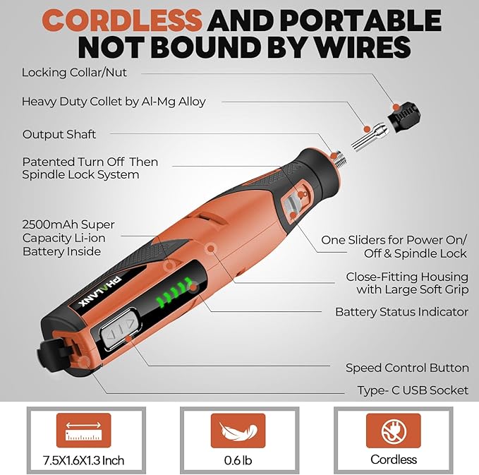 Rotary Tool - 4V Rotary Tool Cordless, Rotary Tool Accessories 64 PCS 2500mAh Li-Ion Battery, Preset 5 Speed Adjustment Grinder Tool for Cutting Sanding Carving Polishing Engraver DIY Crafts (Orange)