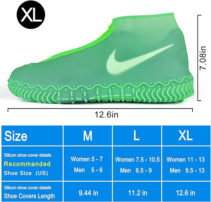 Waterproof Shoe Covers, Silicone Reusable Shoe Cover Non-slip Durable Zipper Elastic Rain Cover Protection for Men Women (XL (Women 11-13, Men 9.5-13), Green)