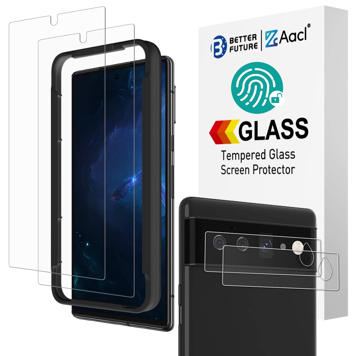 Aacl 2 Pack Tempered Glass For Google Pixel 6 Screen Protector+ 2 Pack Camera Lens Protector, [With Alignment][Fingerprint Unloc