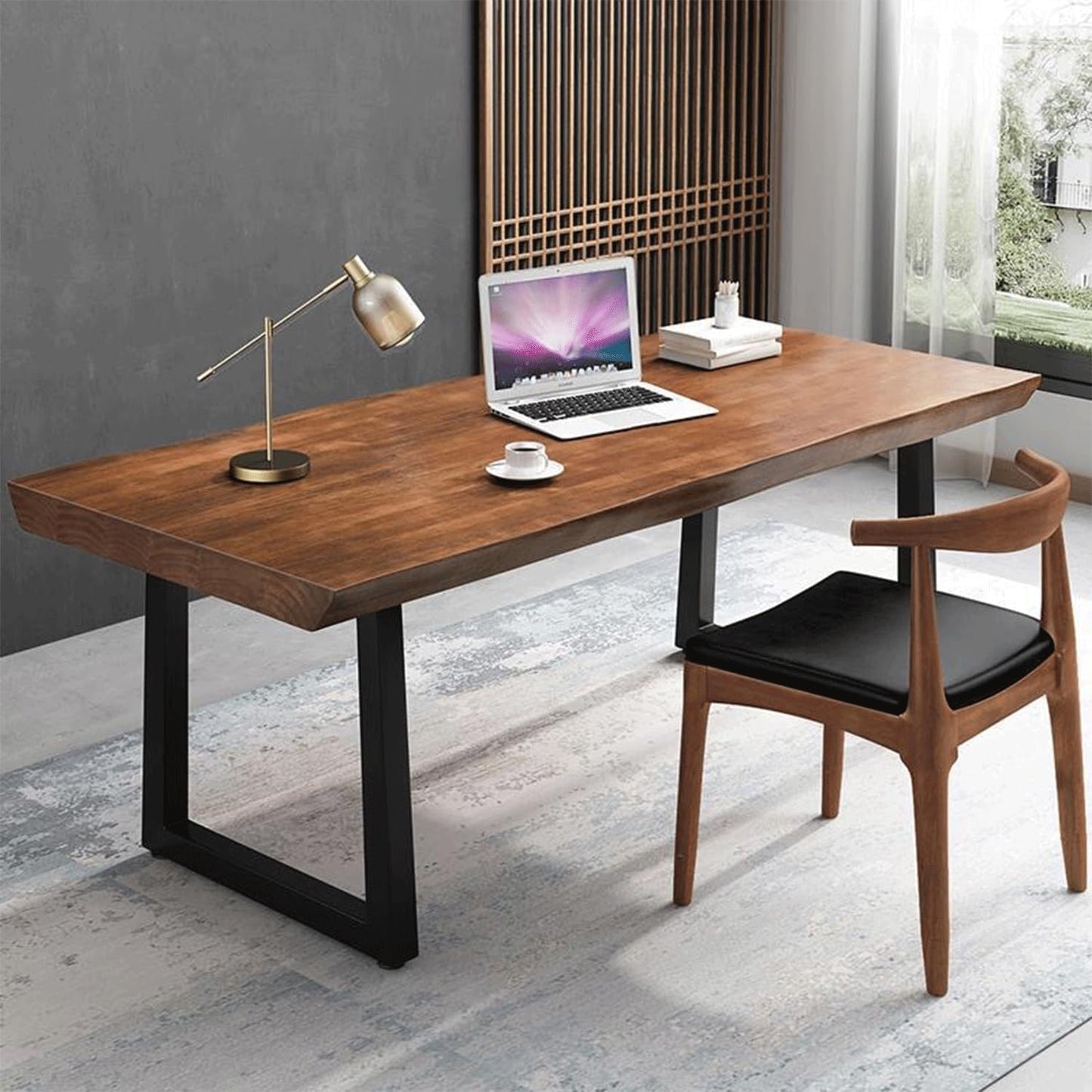 Modern Minimalist Solid Wood Office Desk with Metal Base Easy to Assemble Durable Writing Table Dining Table Computer Desk Multiple Ideal for Living Room and Dining Room (47inch)