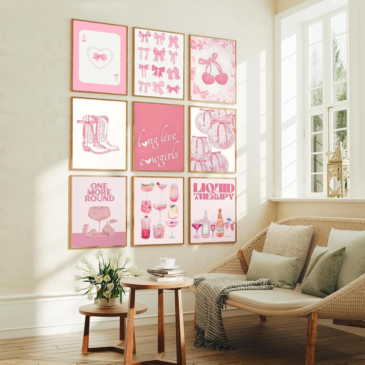 9Pcs Trendy Pink Bows Wall Art Prints Retro Bar Cart Champagne Cocktail Disco Ball Posters Long Live Cowgirls Preppy Coquette Room Decor Aesthetic Pictures for Girly Dorm Apartment Bedroom 8x10in