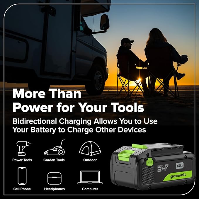 GREENWORKS 24V 1/2” Brushless Cordless Drill (800 In-lbs.), 4.0Ah (24,000mAh Power Bank) USB-C Battery, 3.3 FT Braided Cable, 65W Rapid Charger