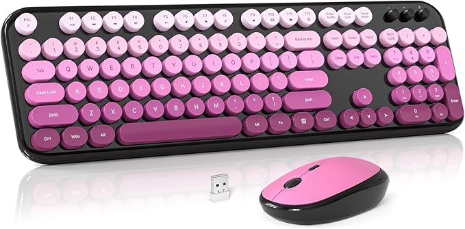 Wireless Keyboard and Mouse Combo, MOWUX Colorful Computer Full Size 2.4G Plug and Play Wireless Typewriter Keyboard and Mouse Set for Computer, Desktop, PC (Black Pink Gradient)