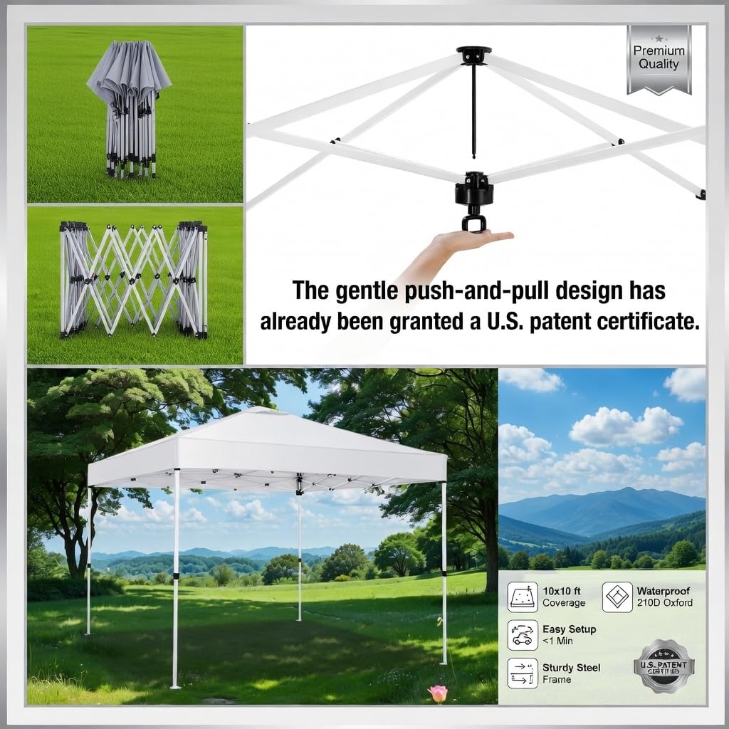 10x10 Pop Up Canopy,Event Tent – One-Person Setup, Waterproof & UV-Blocking, Heavy-Duty Steel Frame, Wheeled Bag & Sandbags – Outdoor Shade for Beach, Camping, Backyard, Tailgate (Black)