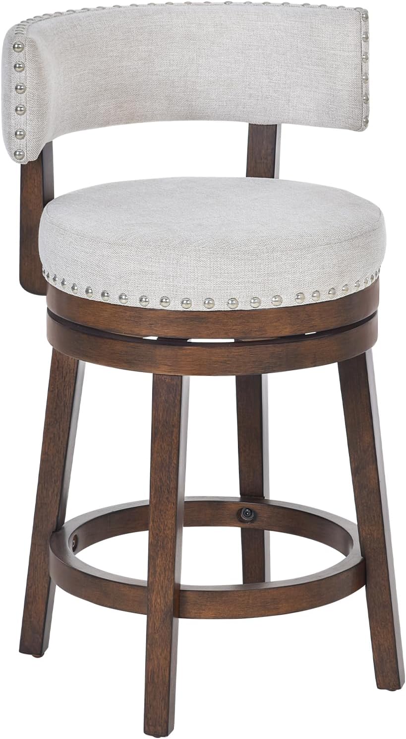 COLAMY Swivel Bar Stool, Modern Swivel Barstool with Back, Counter Height Bar Stools, 25 Inch Upholstered Wood Barstool for Kitchen Island Dining Room Bar, Beige