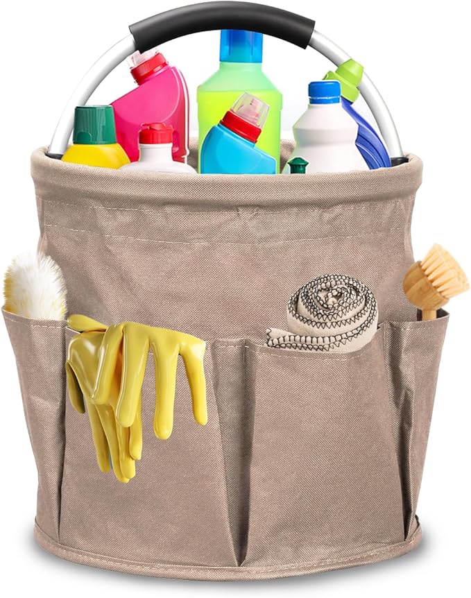 Qivine Cleaning Caddy for Cleaning Supplies, 17L Cleaning Supply Caddy with Handle Foldable Cleaning Supplies Organizer Bucket Tool Bag Organizer Cleaning Products Organizers for Home, Garden (Khaki)