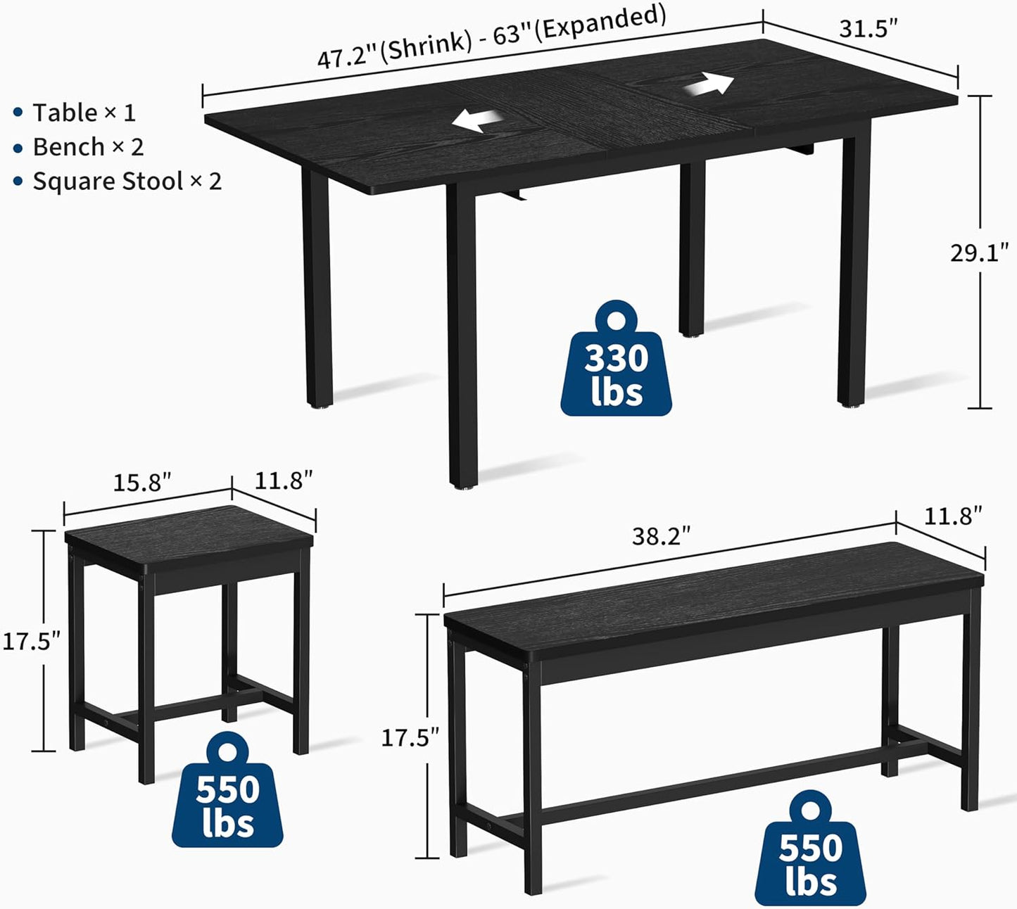 Garvee 5 PCs Extendable Dining Table Set for 4-8 People, 63 Inch Kitchen Table with 2 Benches & 2 Stools, Modern Dining Room Furniture, Easy Assembly Metal Frame