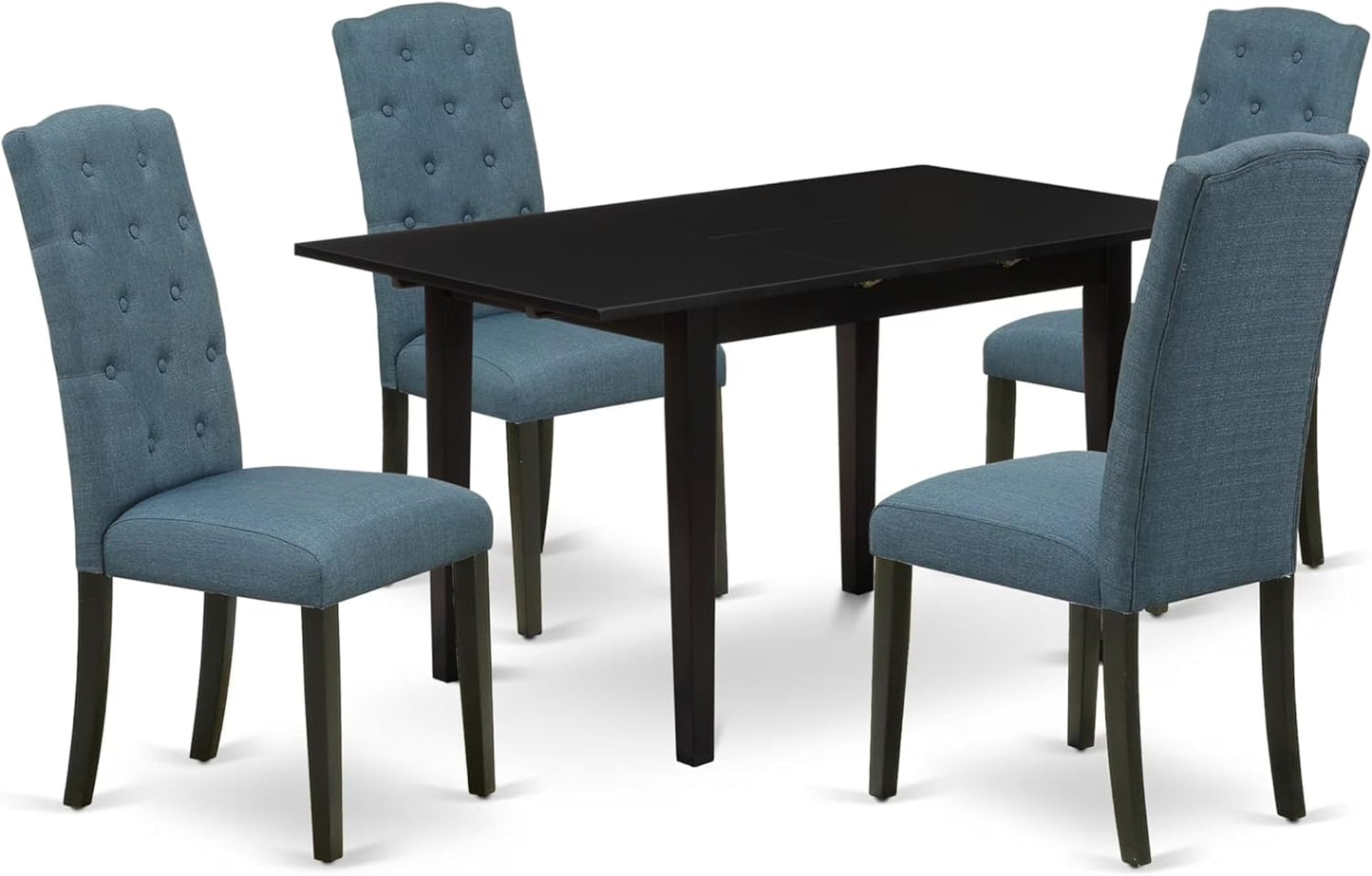 East West Furniture NOCE5-BLK-21 5 Piece Kitchen Table Set for 4 Includes a Rectangle Dining Table with Butterfly Leaf and 4 Mineral Blue Linen Fabric Parsons Chairs, 32x54 Inch, Black