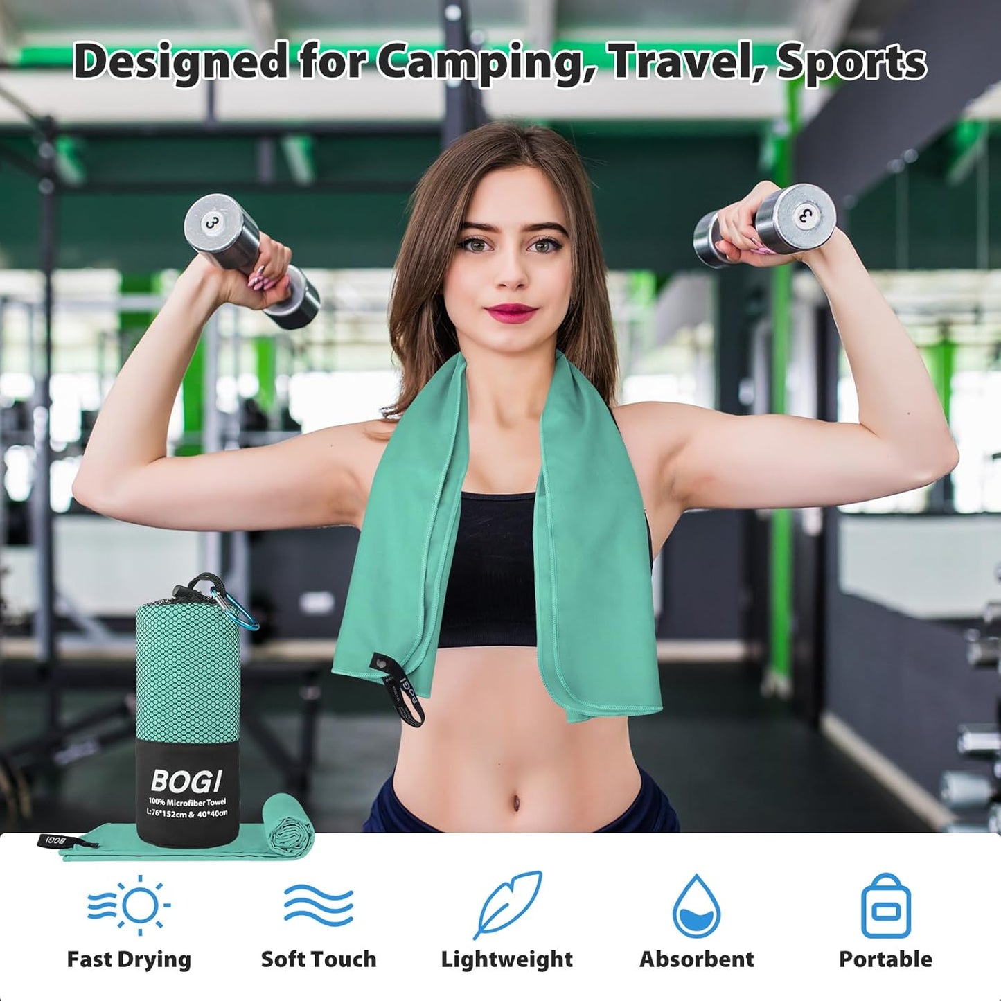 BOGI Microfiber Travel Sports Towel-Quick Dry Soft Lightweight Absorbent Compact Sports Towel for Camping Gym Beach Bath Yoga Swimming Backpacking (XL:72''x32''+16''x16''-Mint)