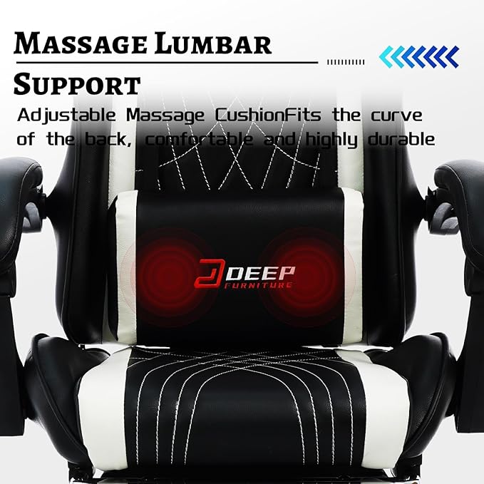 Ergonomic Gaming Chair with Footrest and Lumbar Massage, Racing Office Chair, High Back Computer Desk Chair with Headrest Pillow for Adults, Video Game Chair for PC Gamer (1001-White)