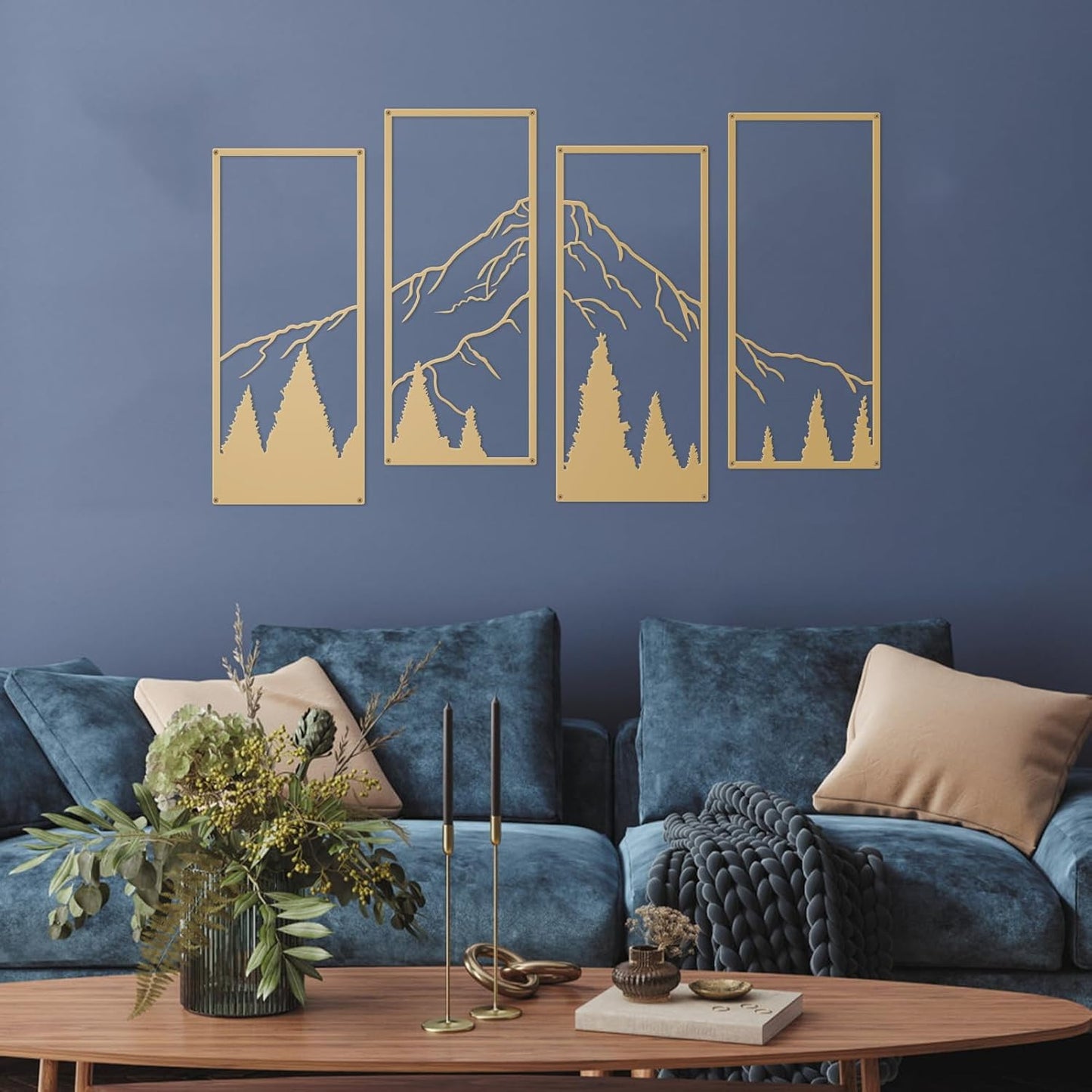 ruelen 4 Pcs Metal Mountain and Forest Wall Decorations Line Drawing Wall Art Minimalist Wall Decor Rustic Nature Home Wall Art Sculpture for Home Bedroom Bathroom Office Living Room (Gold, Large)
