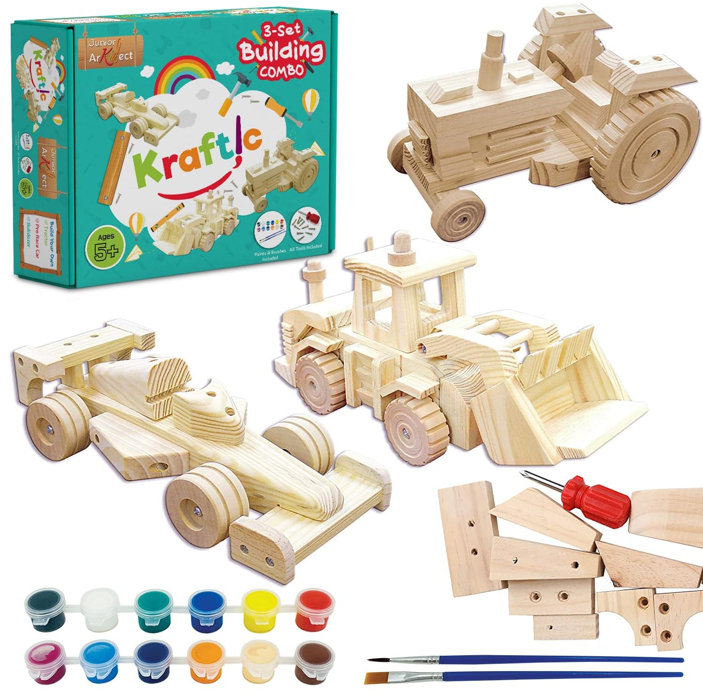 Kraftic Woodworking Building Kit for Kids, with 3 Educational DIY Carpentry Construction Wood Model Kit Toy Projects for Boys and Girls- Tractor, Bulldozer and Racing Car