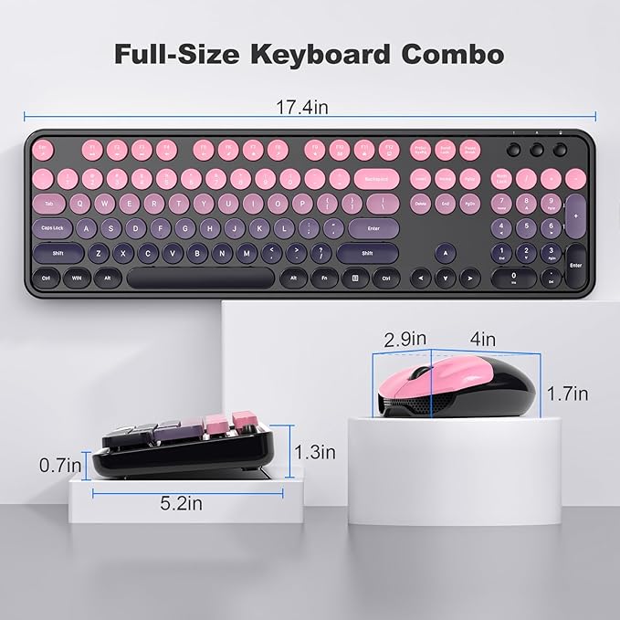 Wireless Keyboard and Mouse Combo, Retro Typewriter Keyboard with Round Keycaps, Full-Size Ergonomic, Ideal for Windows PC, Home, Office, College