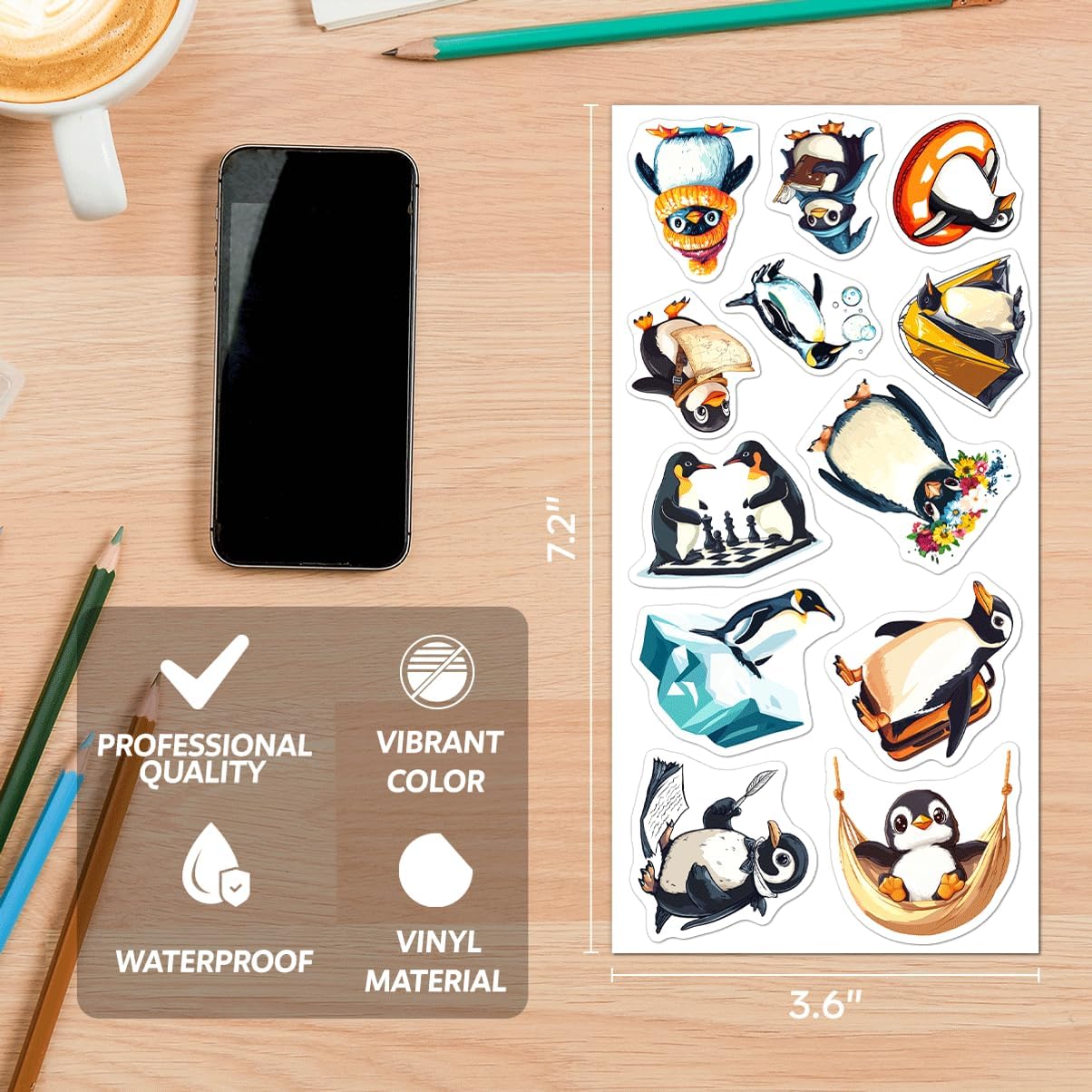 Cute Penguin Stickers Pack 108Pcs Vinyl Waterproof Decals for Kids Teens Scrapbooking Water Bottles Laptop Journaling School Supplies Creative Fun Car Bike Phone