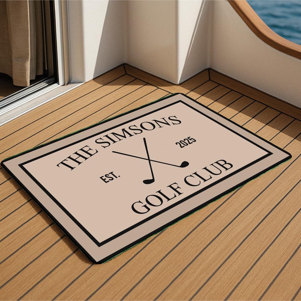 Custom Golf Club Doormat – Personalized Welcome Mat with Family Name & Est. Year – Green Putting Flag Design – Non Slip Outdoor Entry Rug for Porch, Garage, or Golf Lover Home Décor